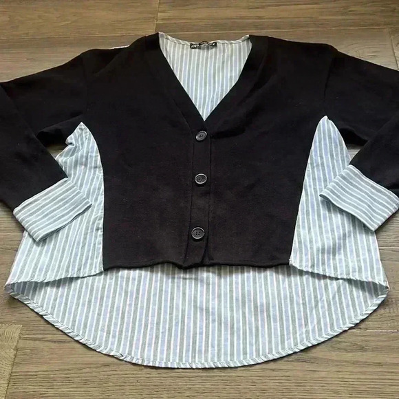 Zara  | Mixed media poplin stripe and black cardigan - Picture 3 of 9